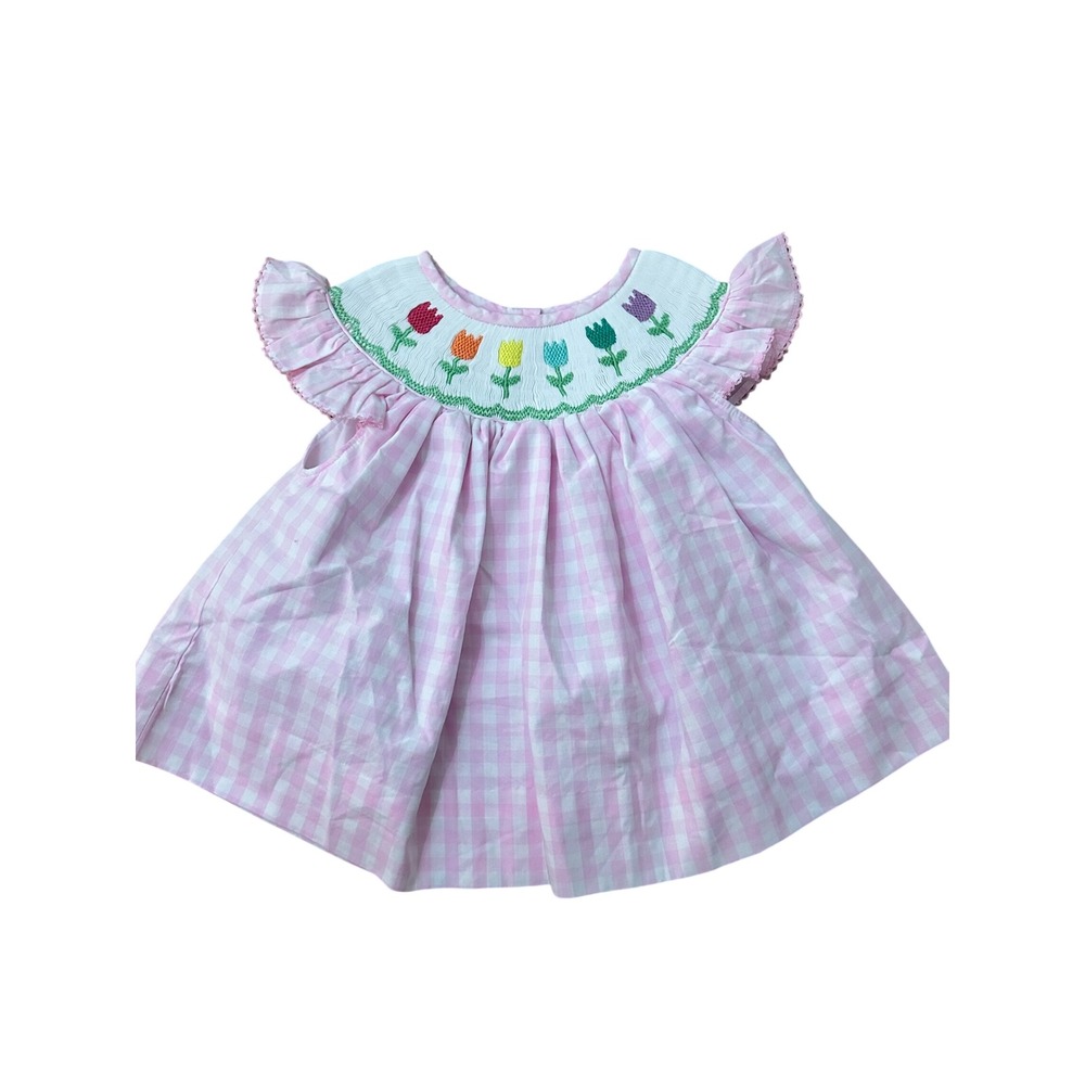 Poppy Kids Co Pink Gingham Smocked Tulip Dress 24M Short Flutter Sleeve Cotton